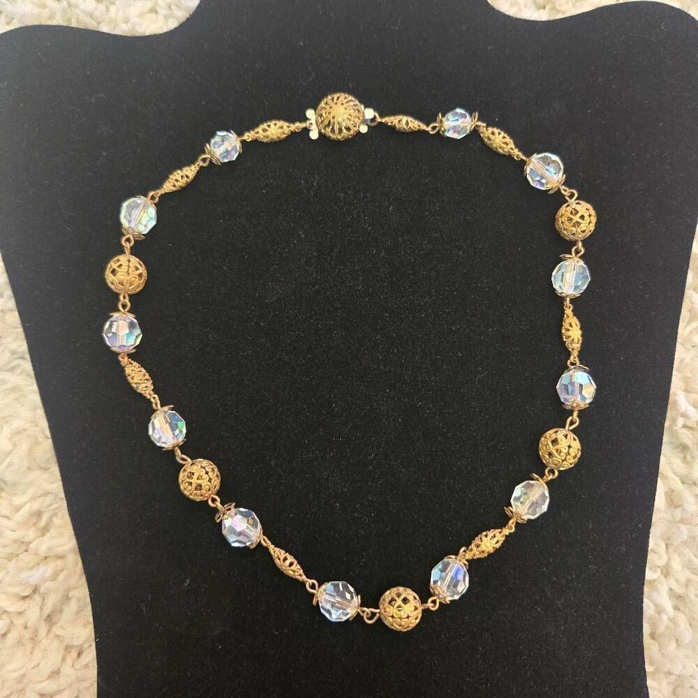 Vintage Gold Fillagree & Aurora Boreallis Bead  Necklace